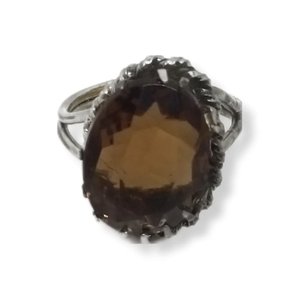 VINTAGE GERMAN ARTISAN MADE SILVERPLATED BRASS & AMBER COLOR GLASS STONE RING